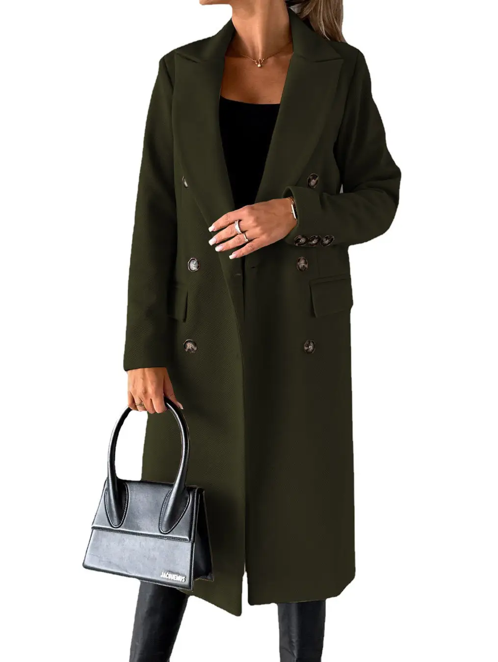 Women's Long Sleeve Lapel Coat Black Double Breasted Slim Fit - Image 4