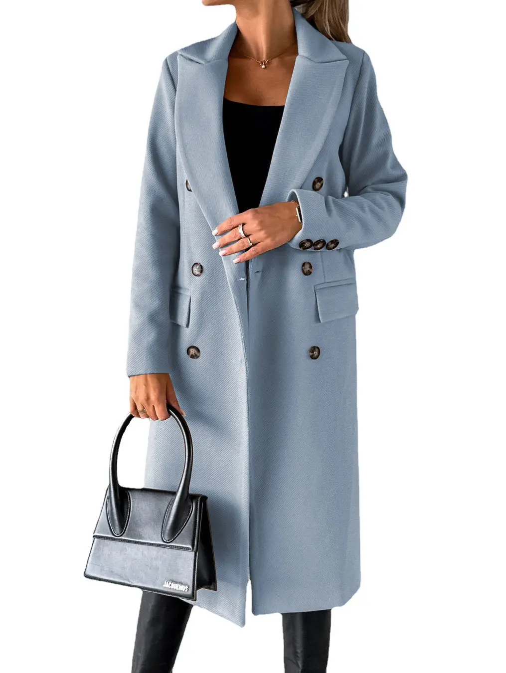 Women's Long Sleeve Lapel Coat Black Double Breasted Slim Fit - Image 5