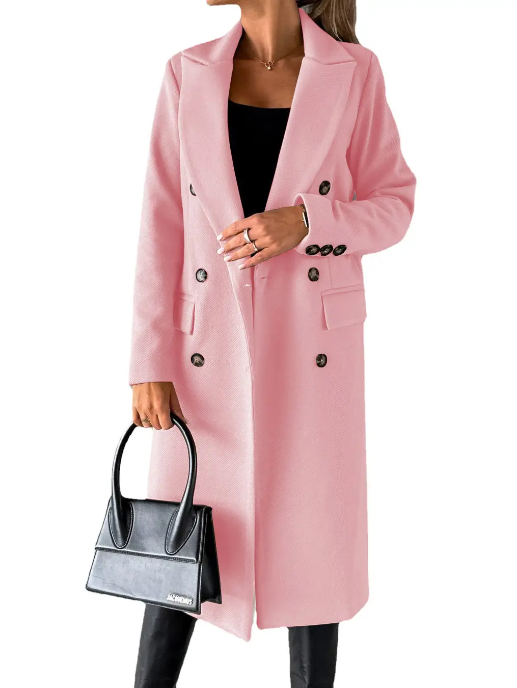 Women's Long Sleeve Lapel Coat Black Double Breasted Slim Fit - Image 6