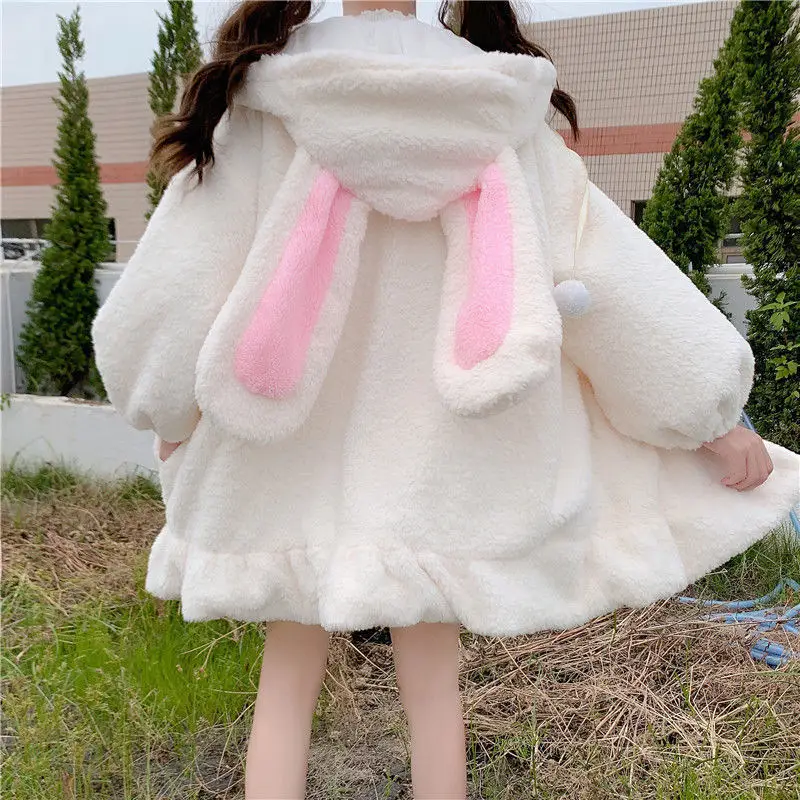 Women's Furry Rabbit Ears Wool Hoodie White - Image 6