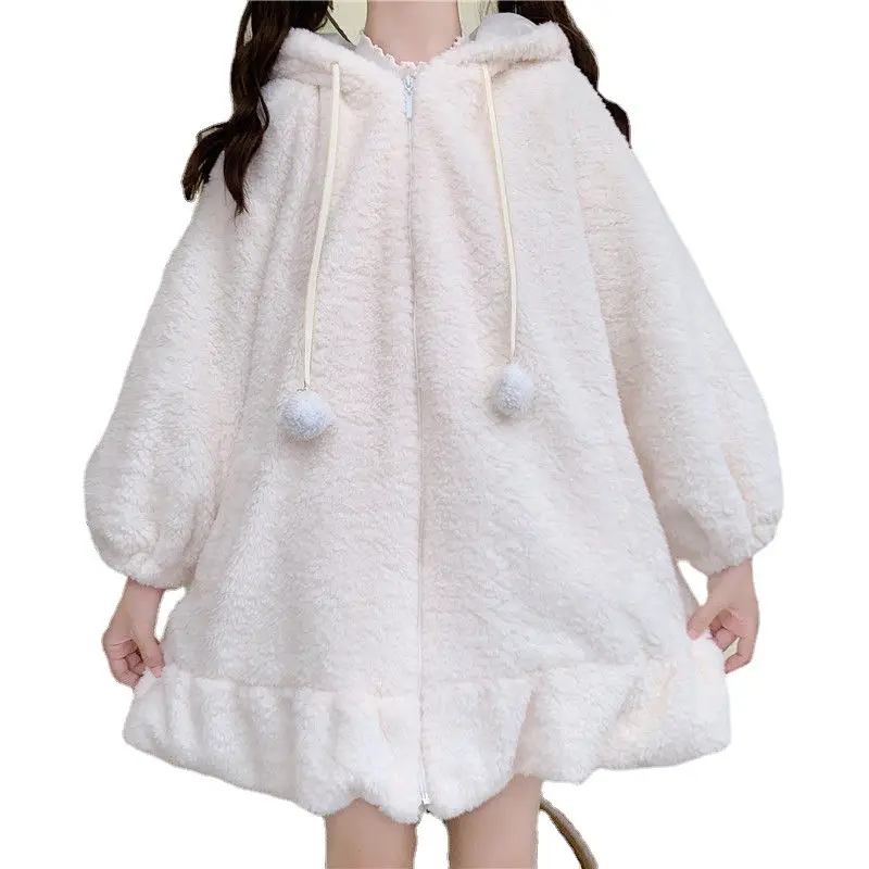 Women's Furry Rabbit Ears Wool Hoodie White - Image 7
