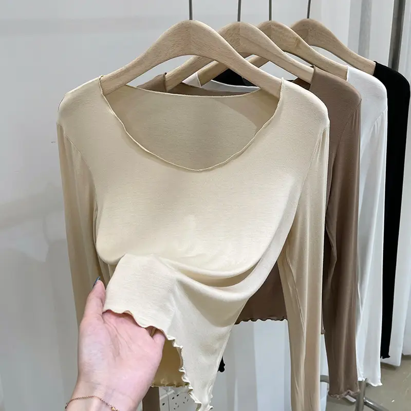 Women's Long Sleeve T-Shirt Solid Beige 2023 - Image 3