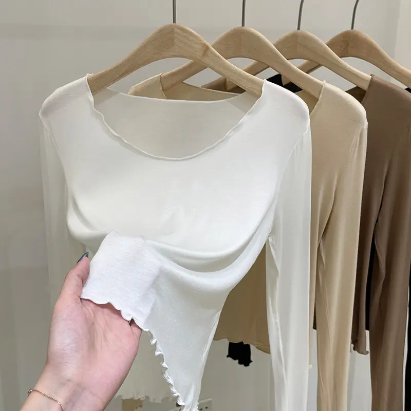 Women's Long Sleeve T-Shirt Solid Beige 2023 - Image 2