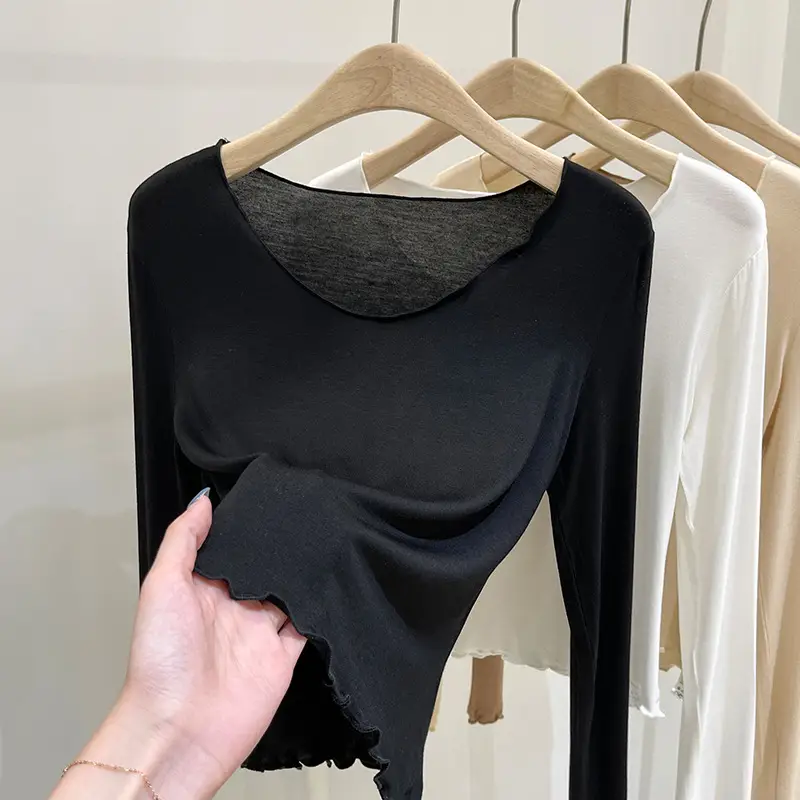 Women's Long Sleeve T-Shirt Solid Beige 2023 - Image 4