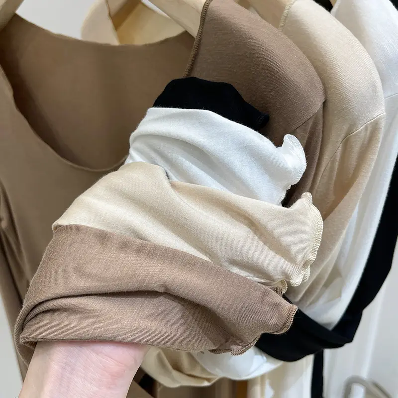 Women's Long Sleeve T-Shirt Solid Beige 2023 - Image 5