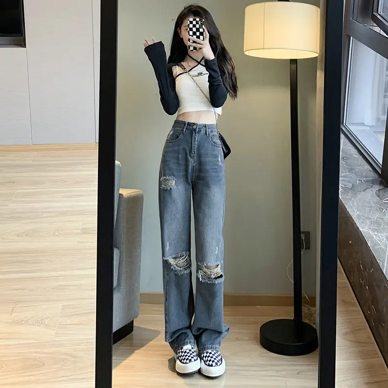 Women's Blue Ripped Denim Jeans Large Size Autumn 2022 - Image 2