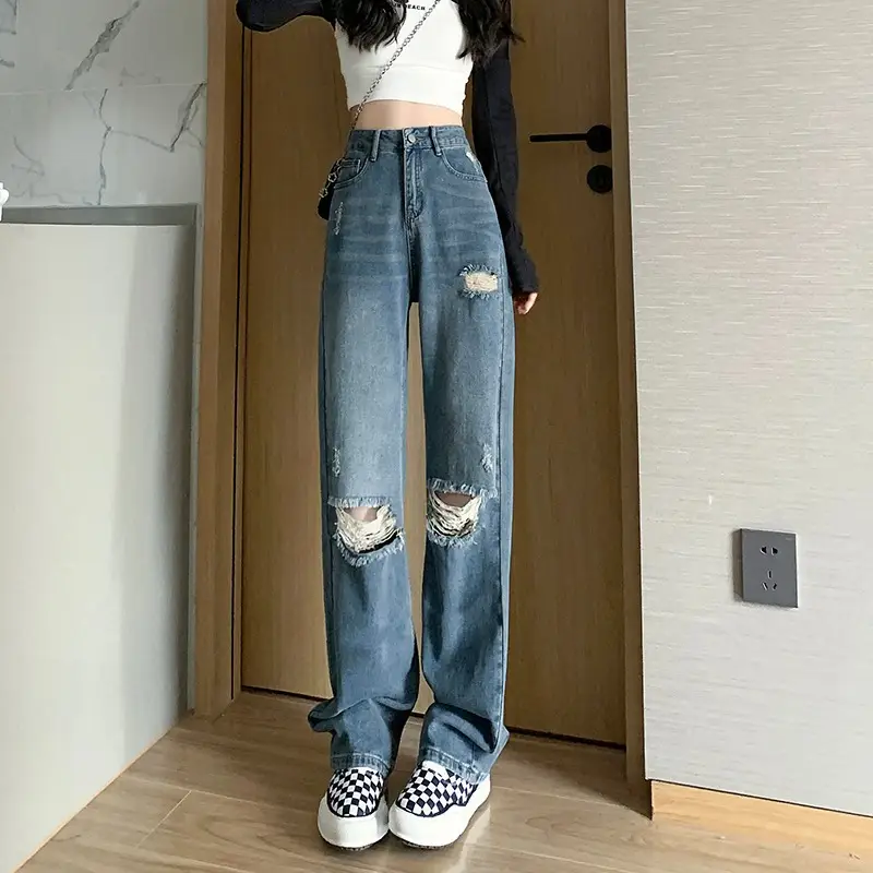 Women's Blue Ripped Denim Jeans Large Size Autumn 2022 - Image 3