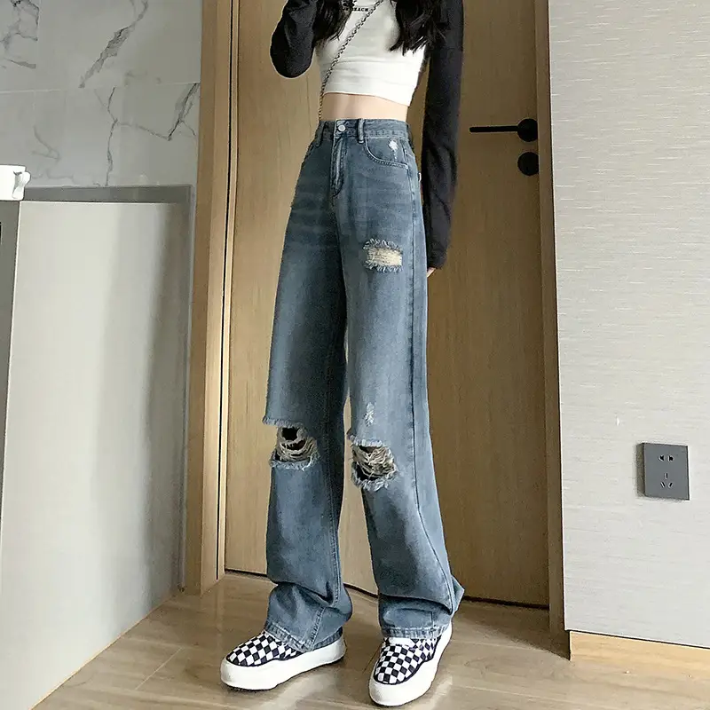 Women's Blue Ripped Denim Jeans Large Size Autumn 2022 - Image 4