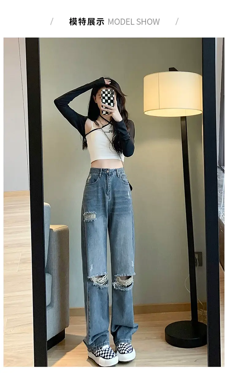 Women's Blue Ripped Denim Jeans Large Size Autumn 2022 — feature 3