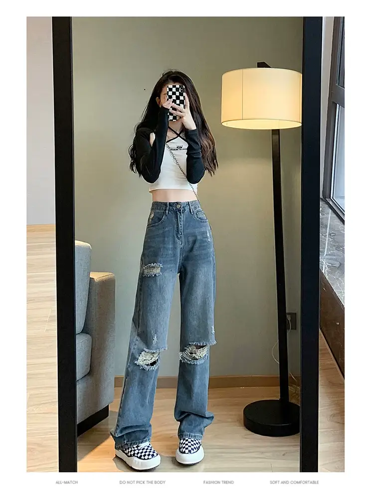 Women's Blue Ripped Denim Jeans Large Size Autumn 2022 — feature 6