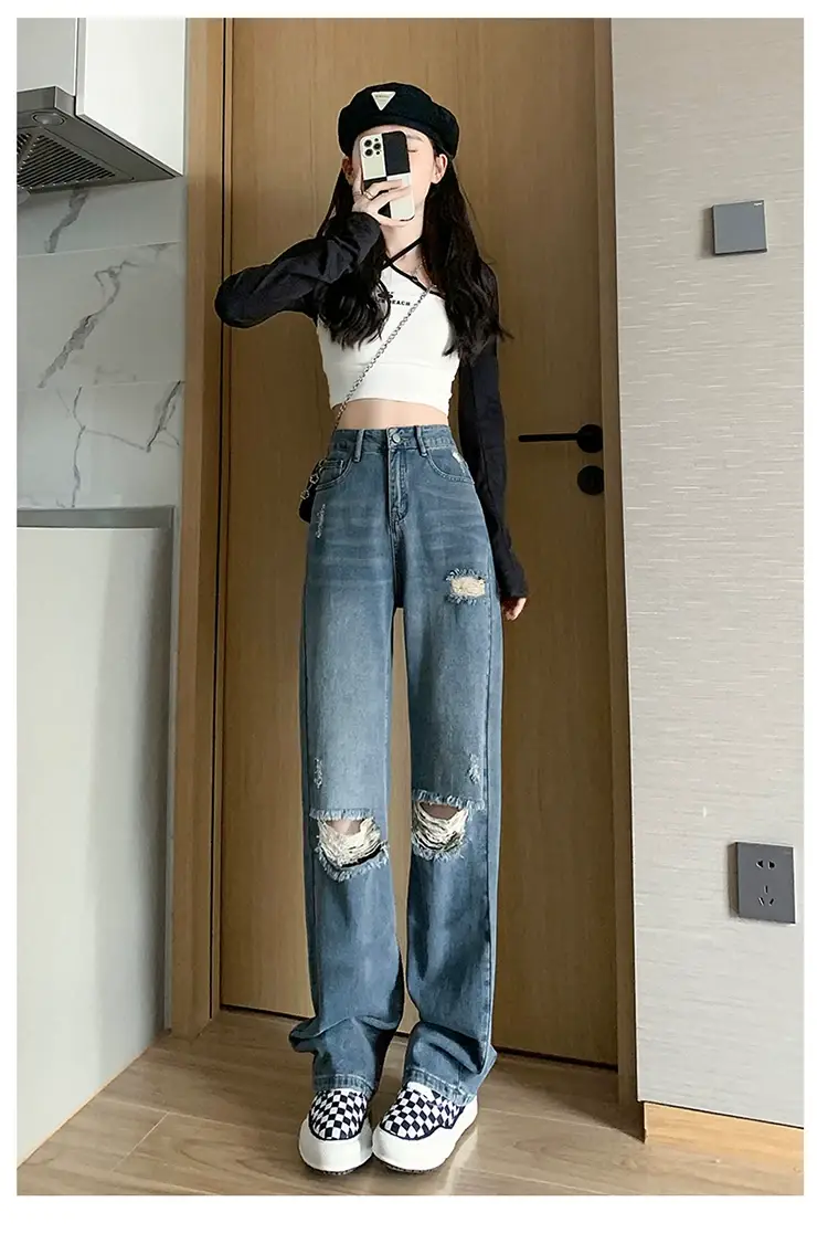 Women's Blue Ripped Denim Jeans Large Size Autumn 2022 — feature 9