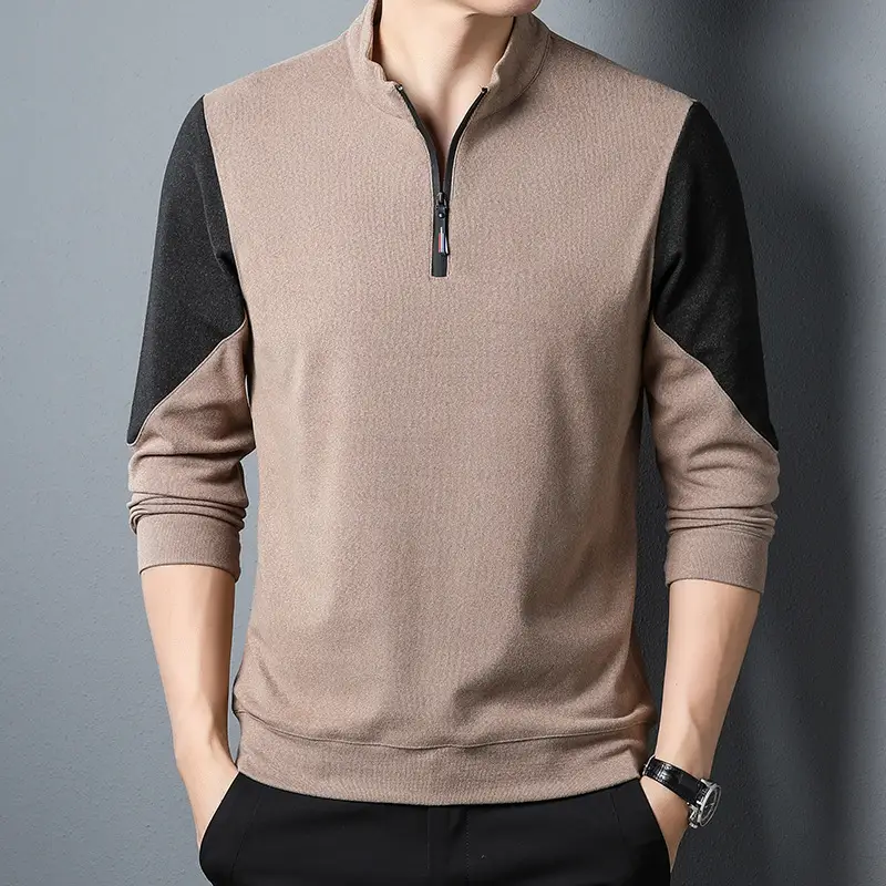 Men's Black Velvet T-Shirt with Half Zipper & Stand Collar - Image 6