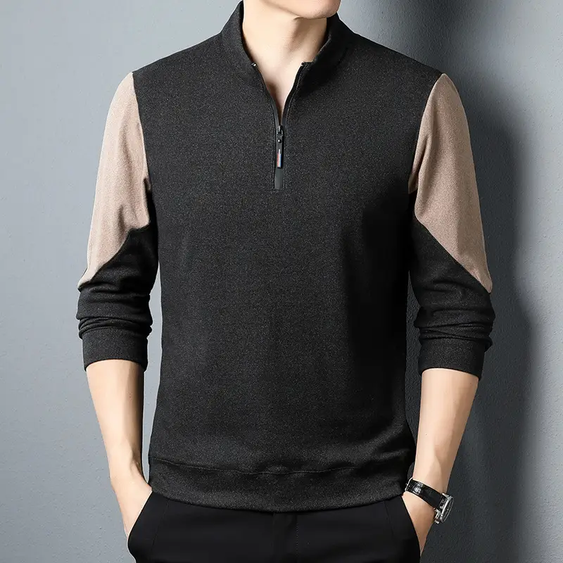 Men's Black Velvet T-Shirt with Half Zipper & Stand Collar - Image 8