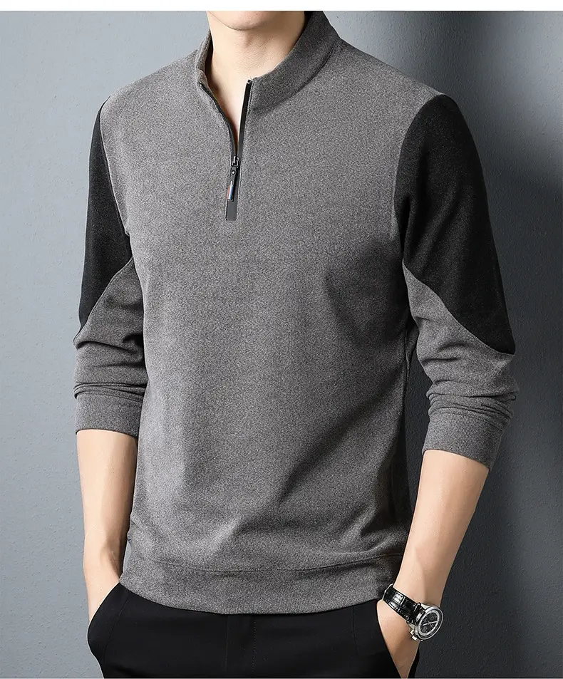 Men's Black Velvet T-Shirt with Half Zipper & Stand Collar — feature 10