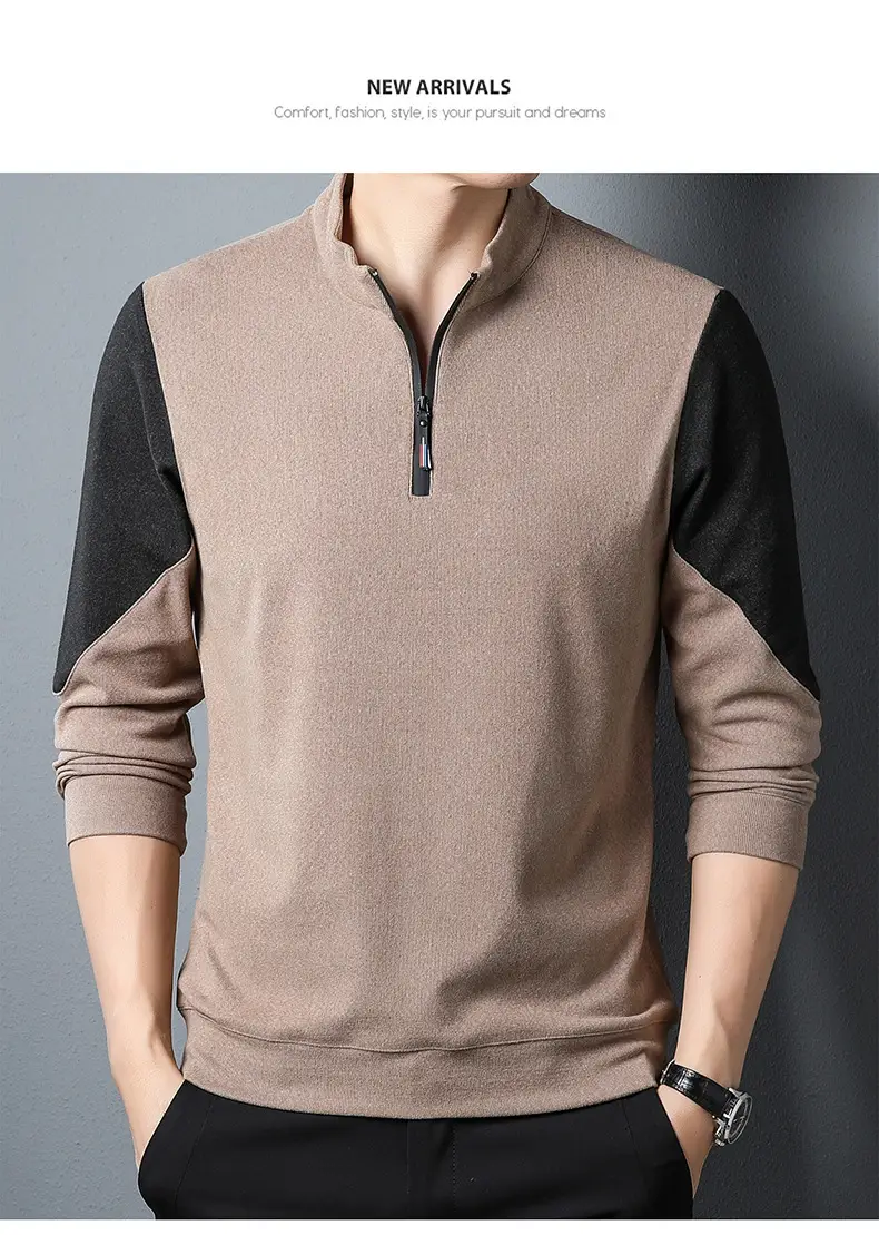 Men's Black Velvet T-Shirt with Half Zipper & Stand Collar — feature 11