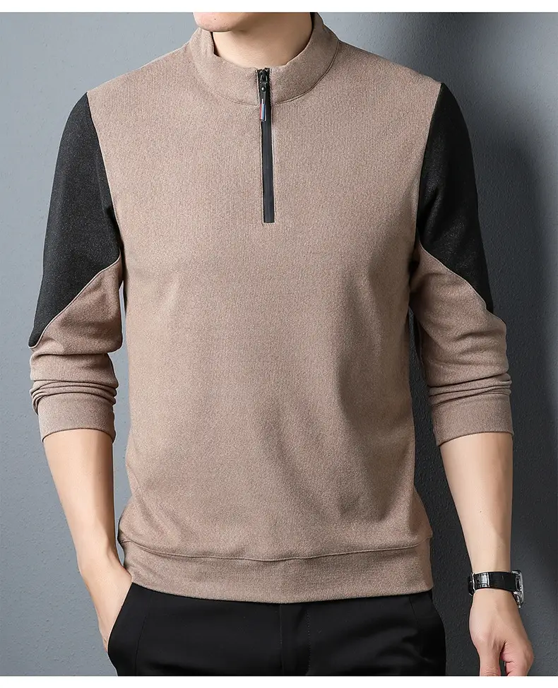 Men's Black Velvet T-Shirt with Half Zipper & Stand Collar — feature 12