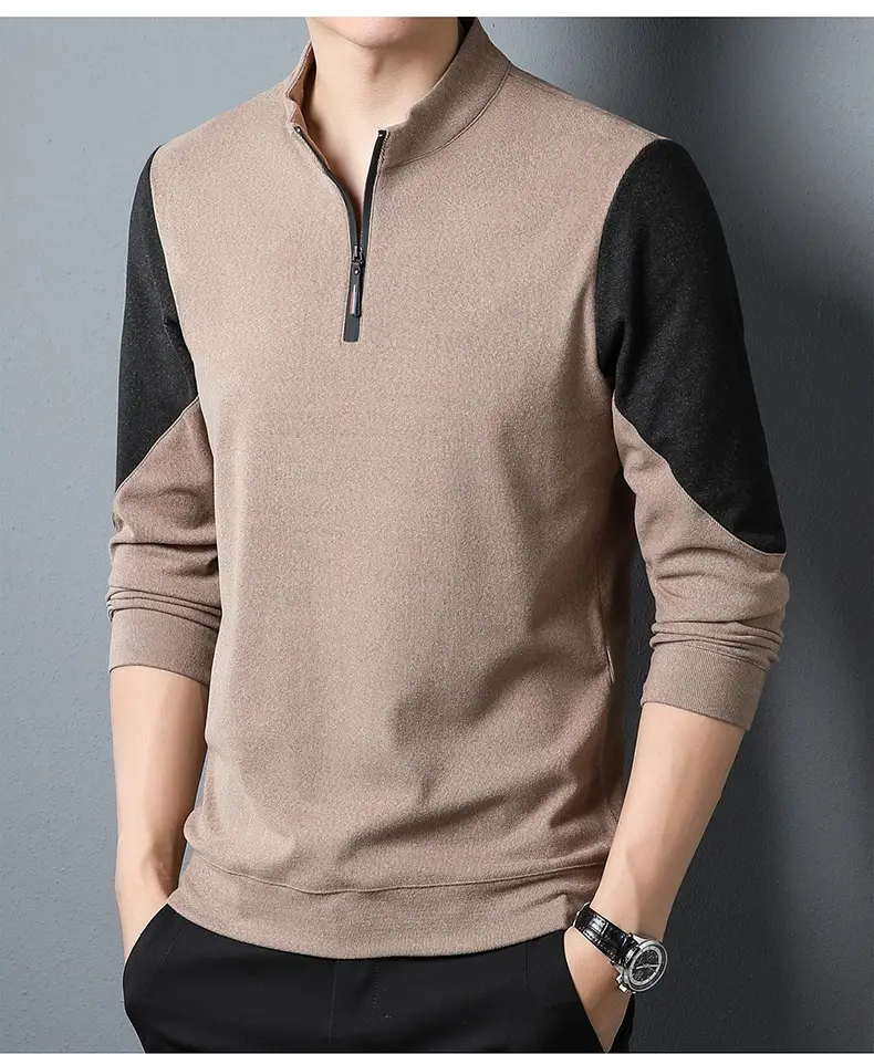 Men's Black Velvet T-Shirt with Half Zipper & Stand Collar — feature 13