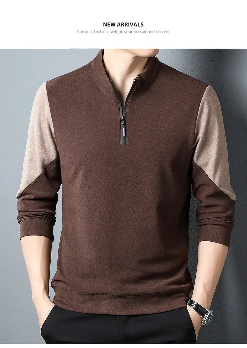 Men's Black Velvet T-Shirt with Half Zipper & Stand Collar — feature 14