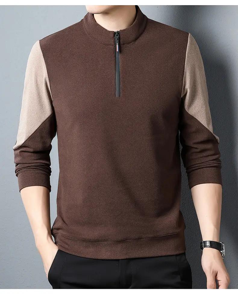 Men's Black Velvet T-Shirt with Half Zipper & Stand Collar — feature 15