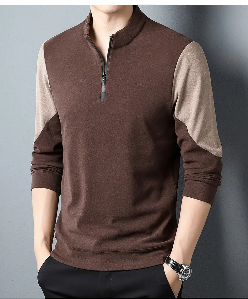 Men's Black Velvet T-Shirt with Half Zipper & Stand Collar — feature 16