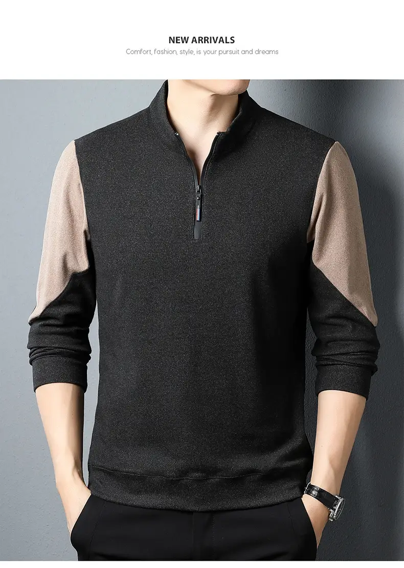 Men's Black Velvet T-Shirt with Half Zipper & Stand Collar — feature 17