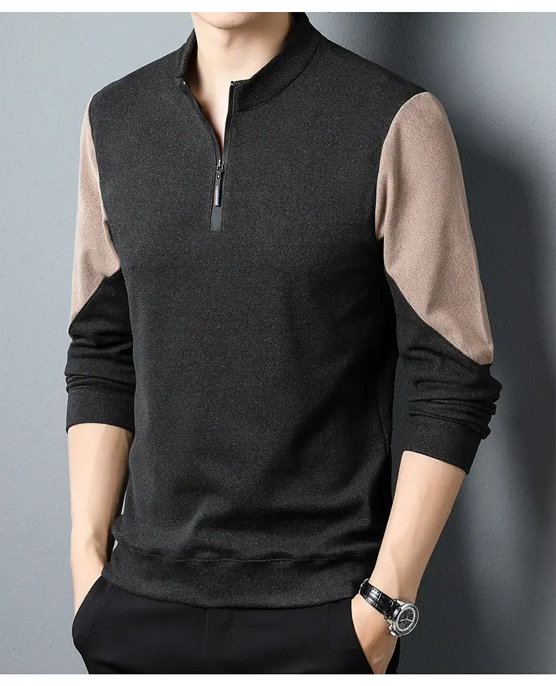 Men's Black Velvet T-Shirt with Half Zipper & Stand Collar — feature 18