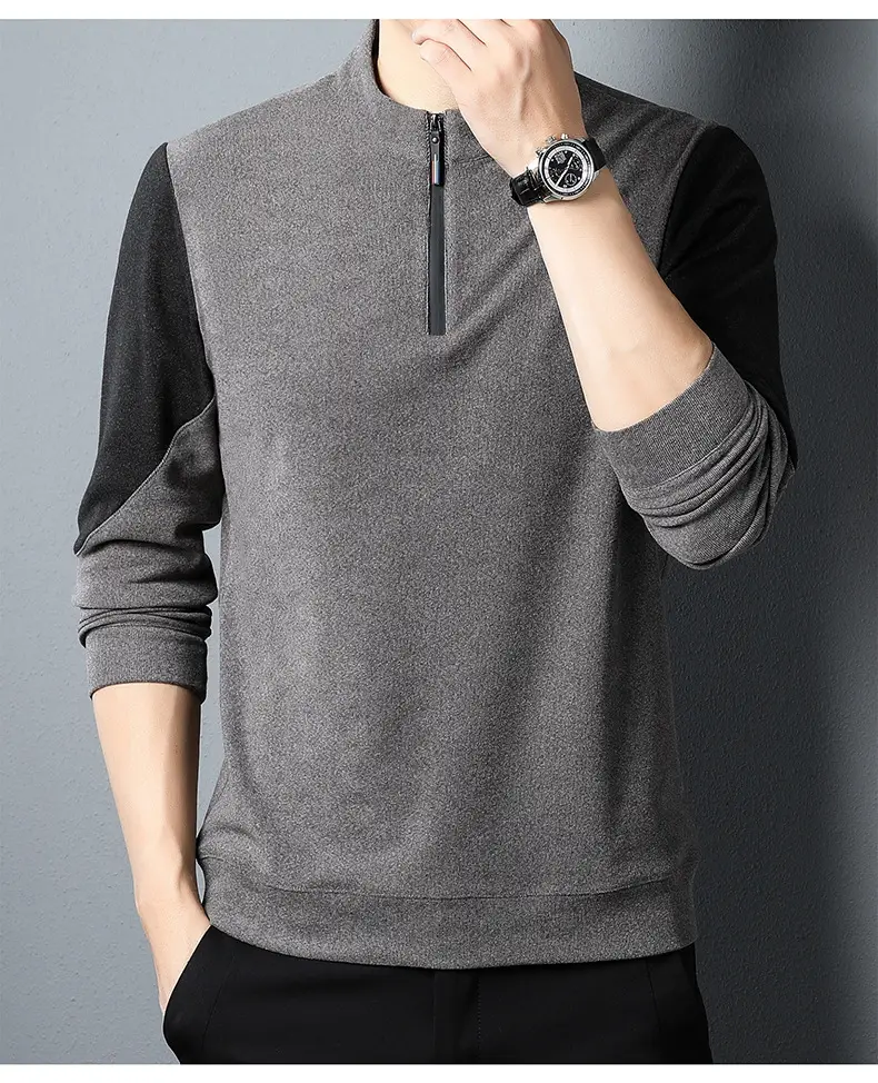 Men's Black Velvet T-Shirt with Half Zipper & Stand Collar — feature 9