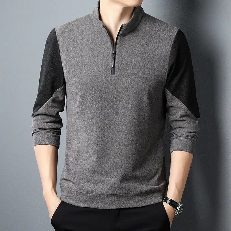 Men's Black Velvet T-Shirt with Half Zipper & Stand Collar - Image 2
