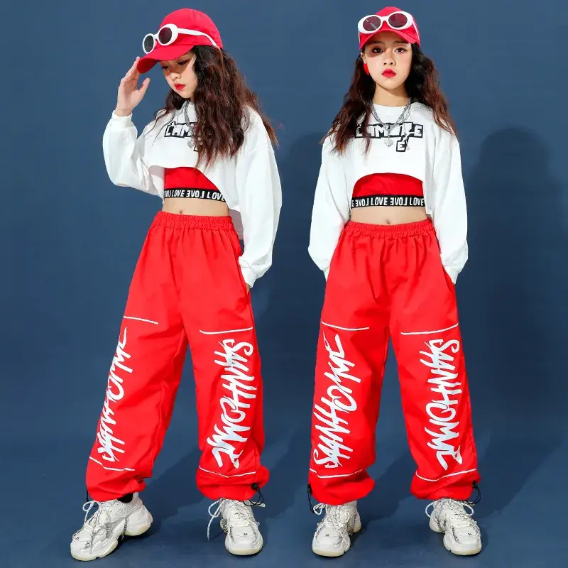 Trendy Girls Hip Hop Red White Street Dance Suit - Image 8
