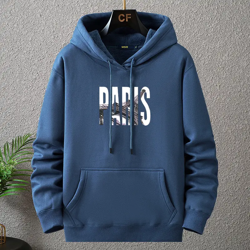 Men Fleece Hoodie Paris Print Grey Plus Size - Image 5