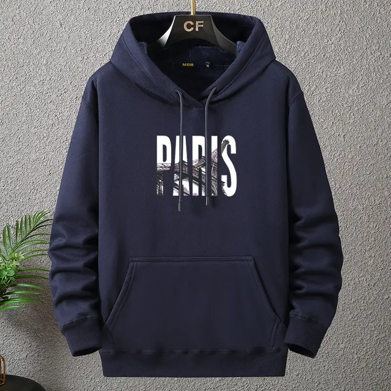 Men Fleece Hoodie Paris Print Grey Plus Size — feature 2