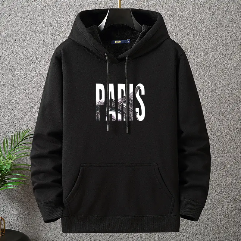 Men Fleece Hoodie Paris Print Grey Plus Size — feature 3