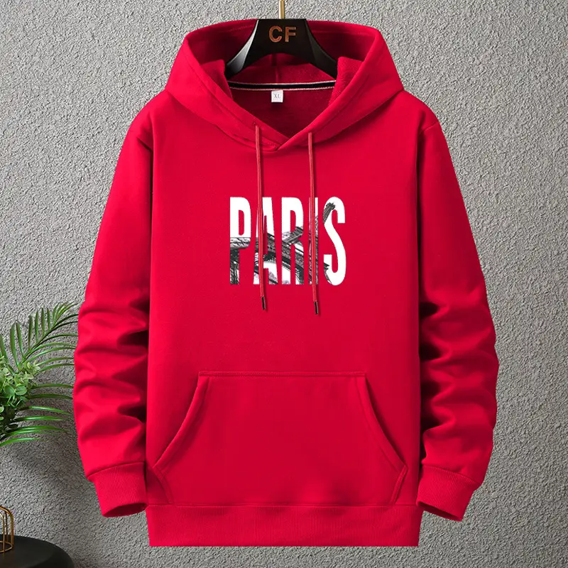Men Fleece Hoodie Paris Print Grey Plus Size — feature 4