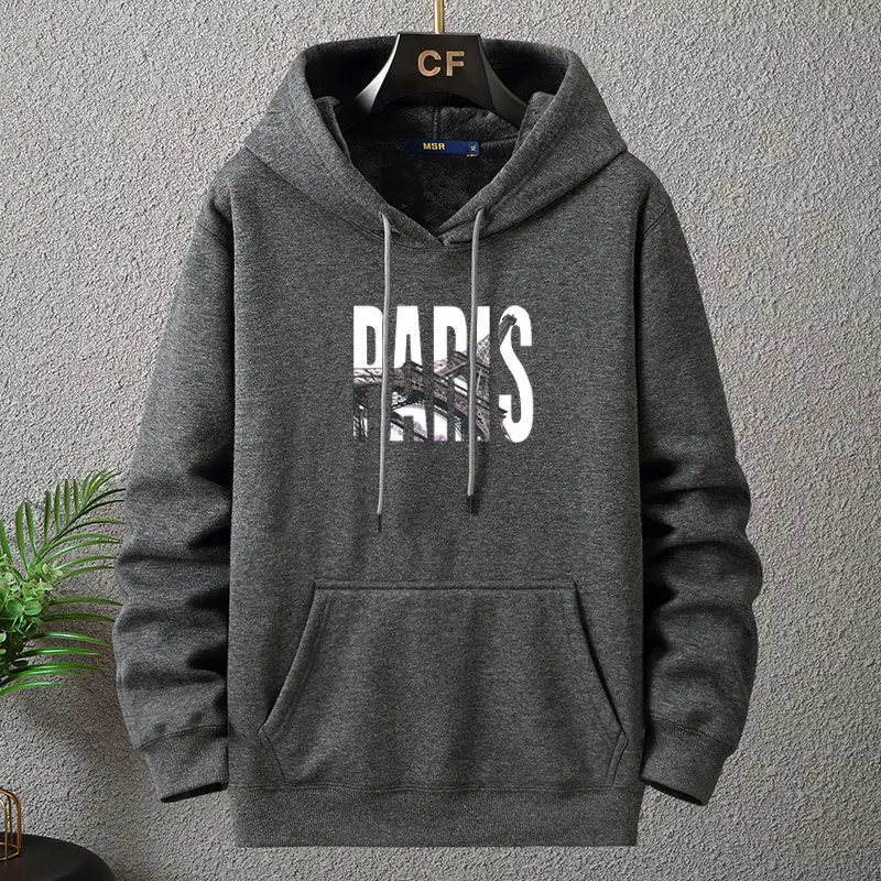 Men Fleece Hoodie Paris Print Grey Plus Size — feature 6