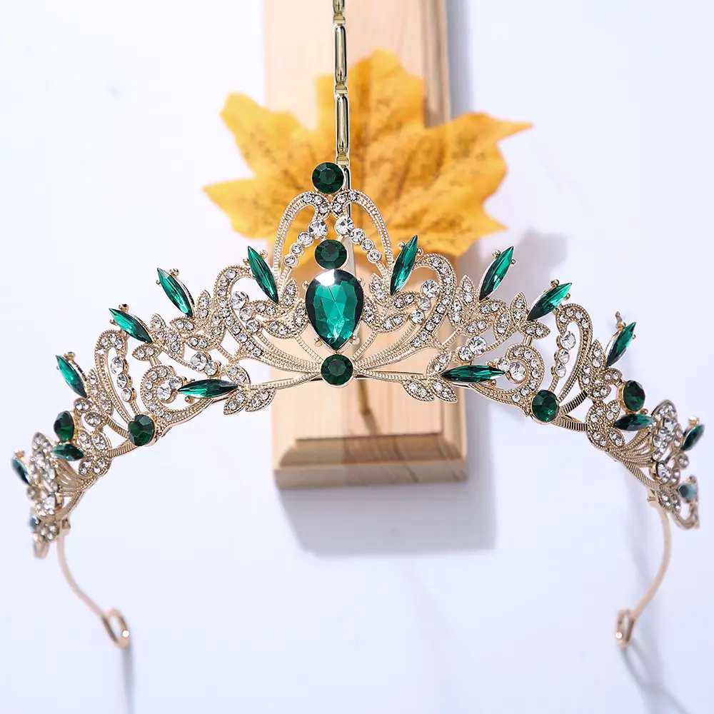 Bridal Crown Tiara Alloy Green Rhinestone Crystal - Image 6