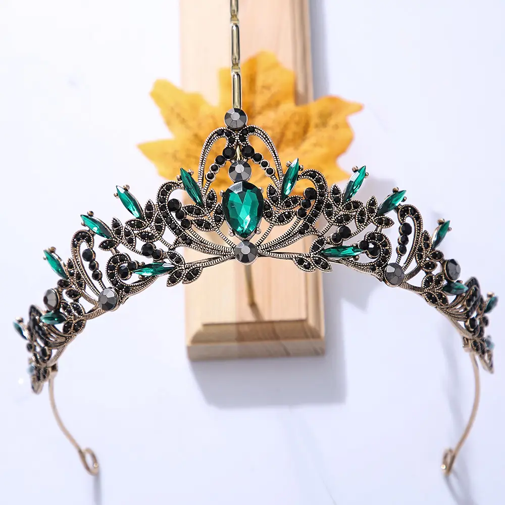 Bridal Crown Tiara Alloy Green Rhinestone Crystal - Image 9