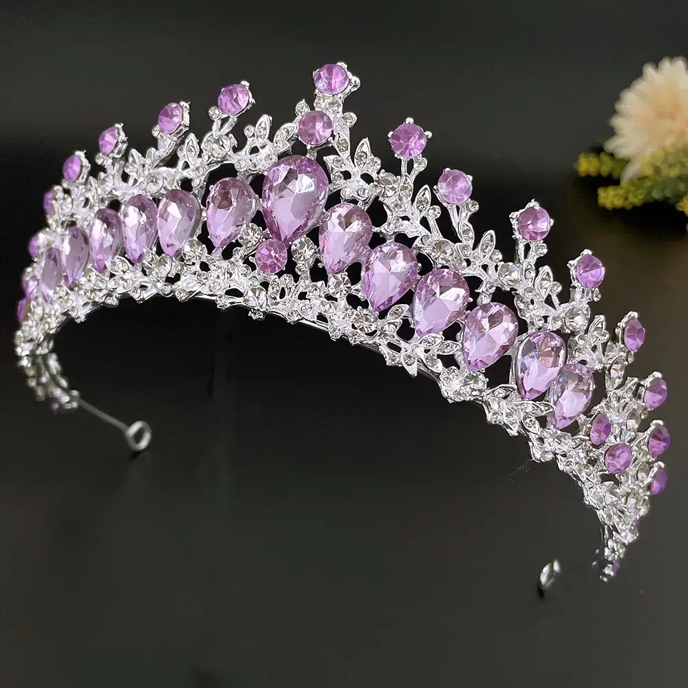 Purple Crystal Bridal Crown Headdress for Women - Image 5