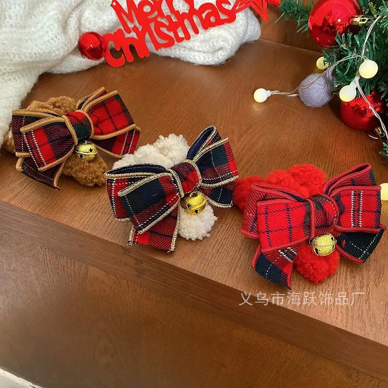 Plush Bell Headwear for Women Red Plaid Holiday Hairpin - Image 4