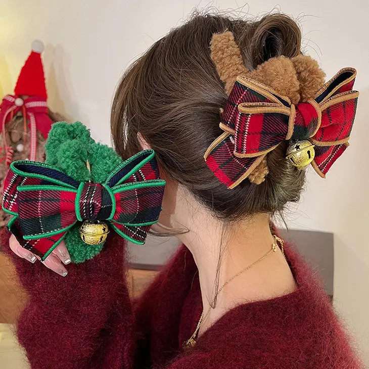 Plush Bell Headwear for Women Red Plaid Holiday Hairpin - Image 5