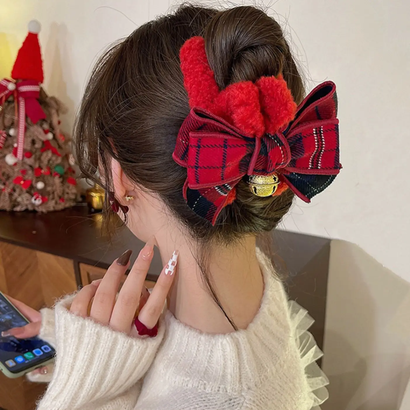 Plush Bell Headwear for Women Red Plaid Holiday Hairpin - Image 7