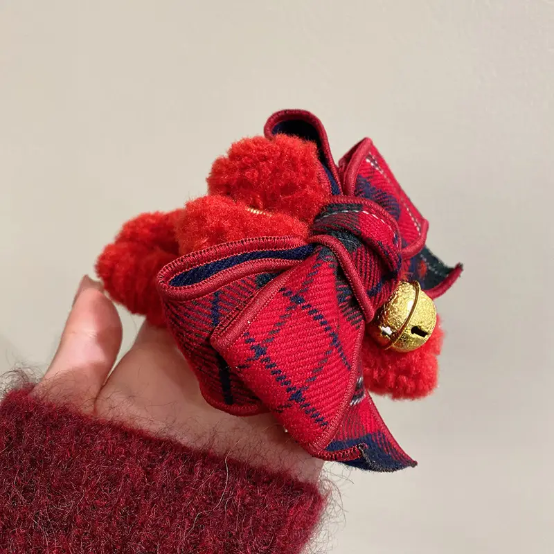 Plush Bell Headwear for Women Red Plaid Holiday Hairpin - Image 2