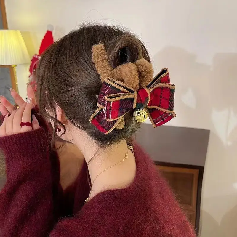 Plush Bell Headwear for Women Red Plaid Holiday Hairpin - Image 3