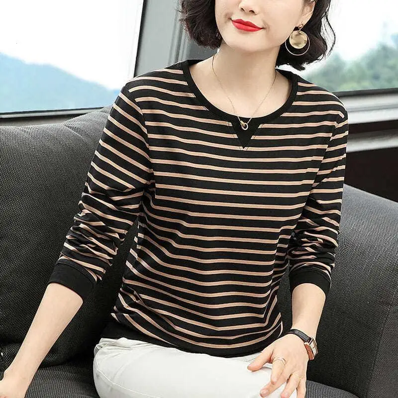 Women Long Sleeve Striped T-Shirt White Black Medium - Image 6