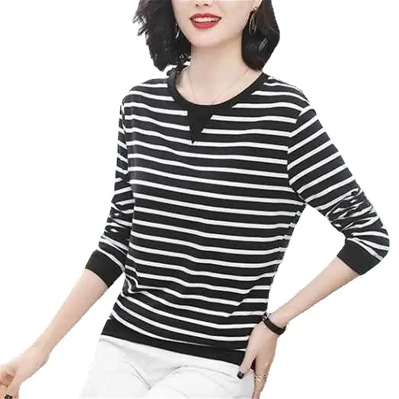 Women Long Sleeve Striped T-Shirt White Black Medium - Image 9