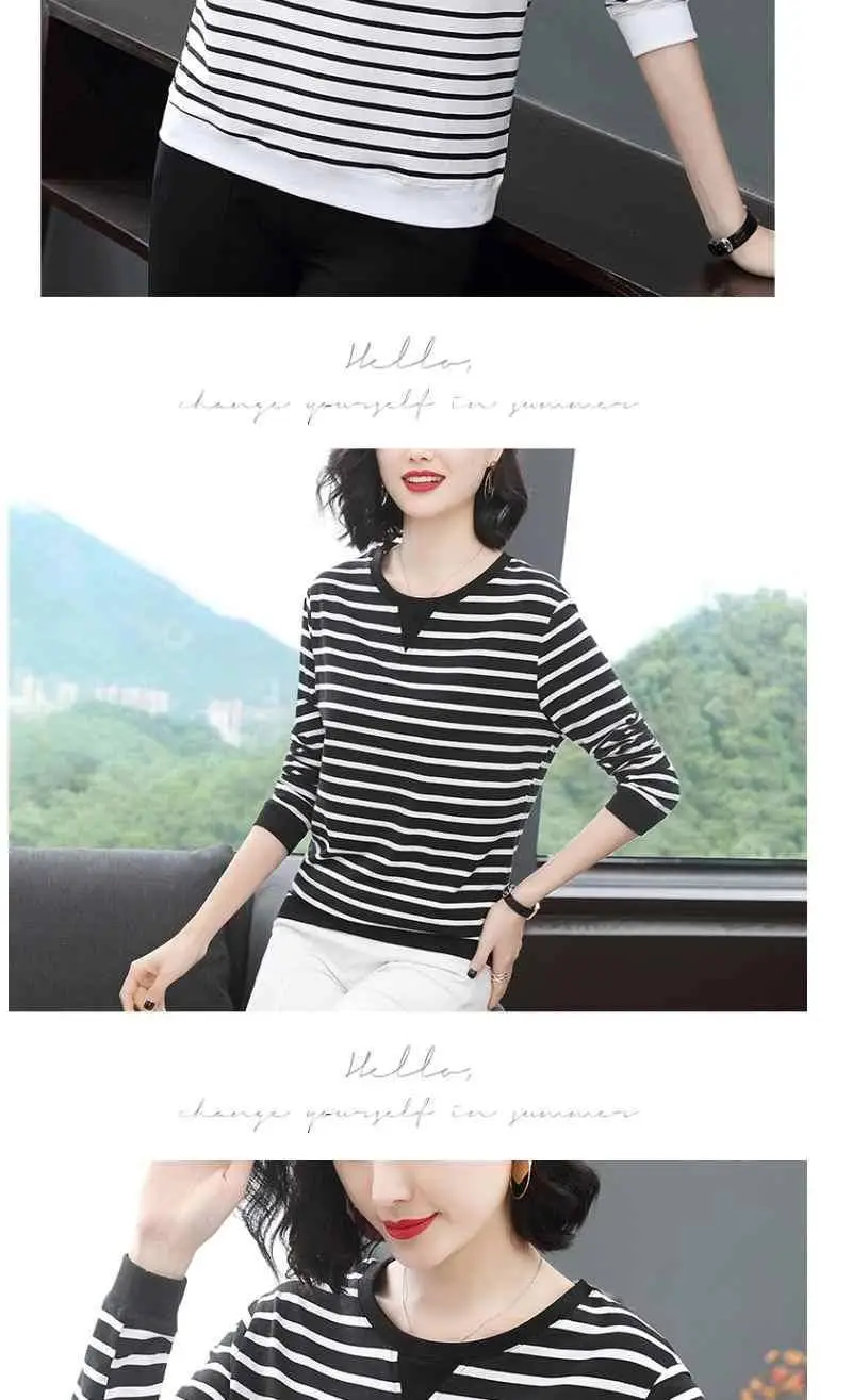 Women Long Sleeve Striped T-Shirt White Black Medium — feature 10