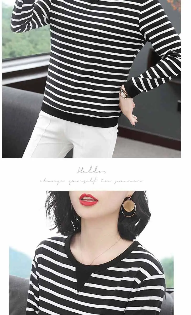 Women Long Sleeve Striped T-Shirt White Black Medium — feature 11