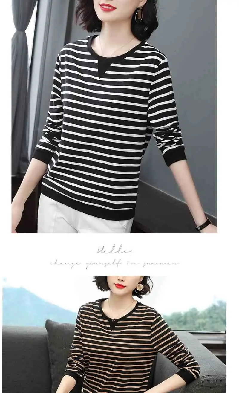 Women Long Sleeve Striped T-Shirt White Black Medium — feature 13