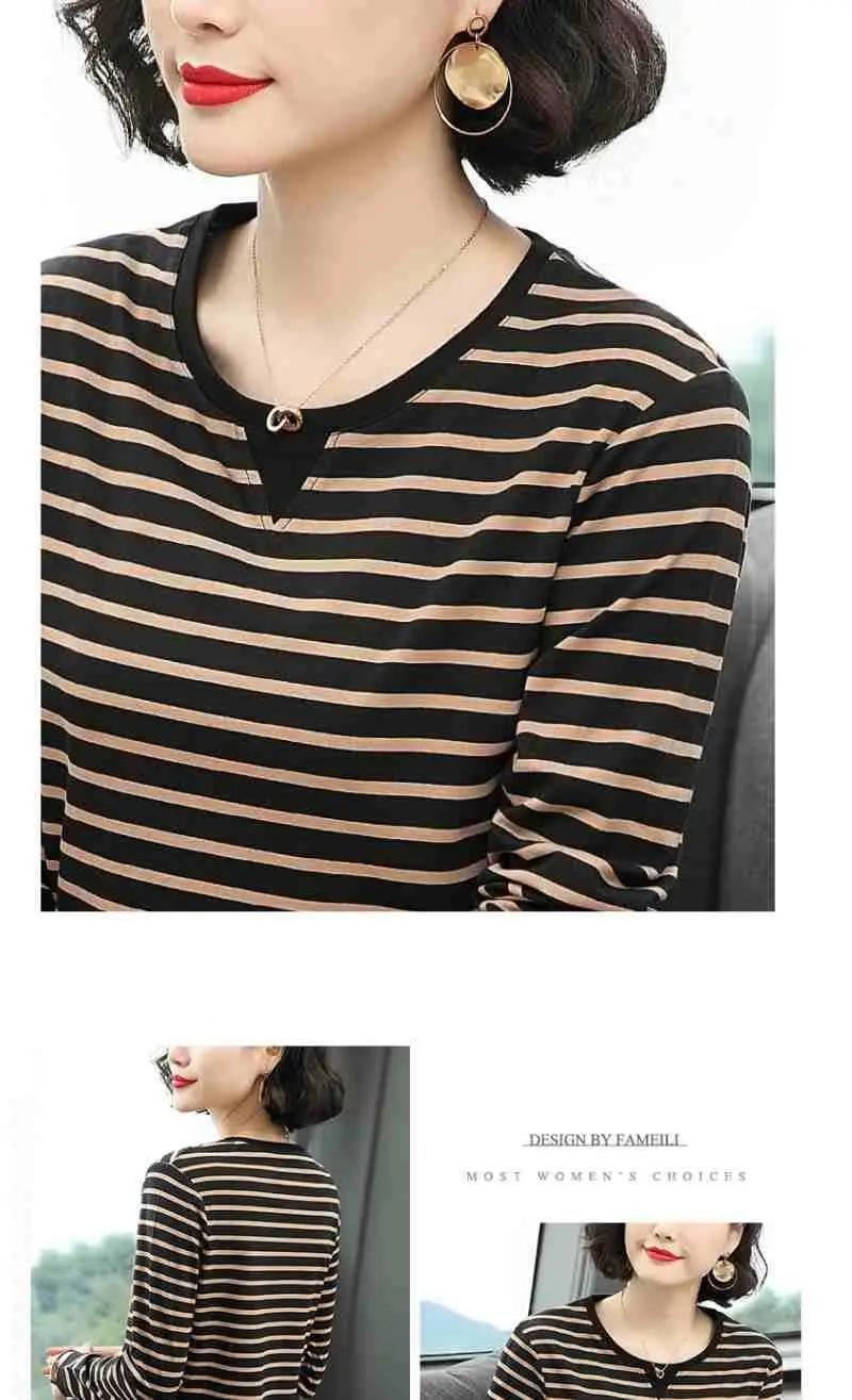Women Long Sleeve Striped T-Shirt White Black Medium — feature 15
