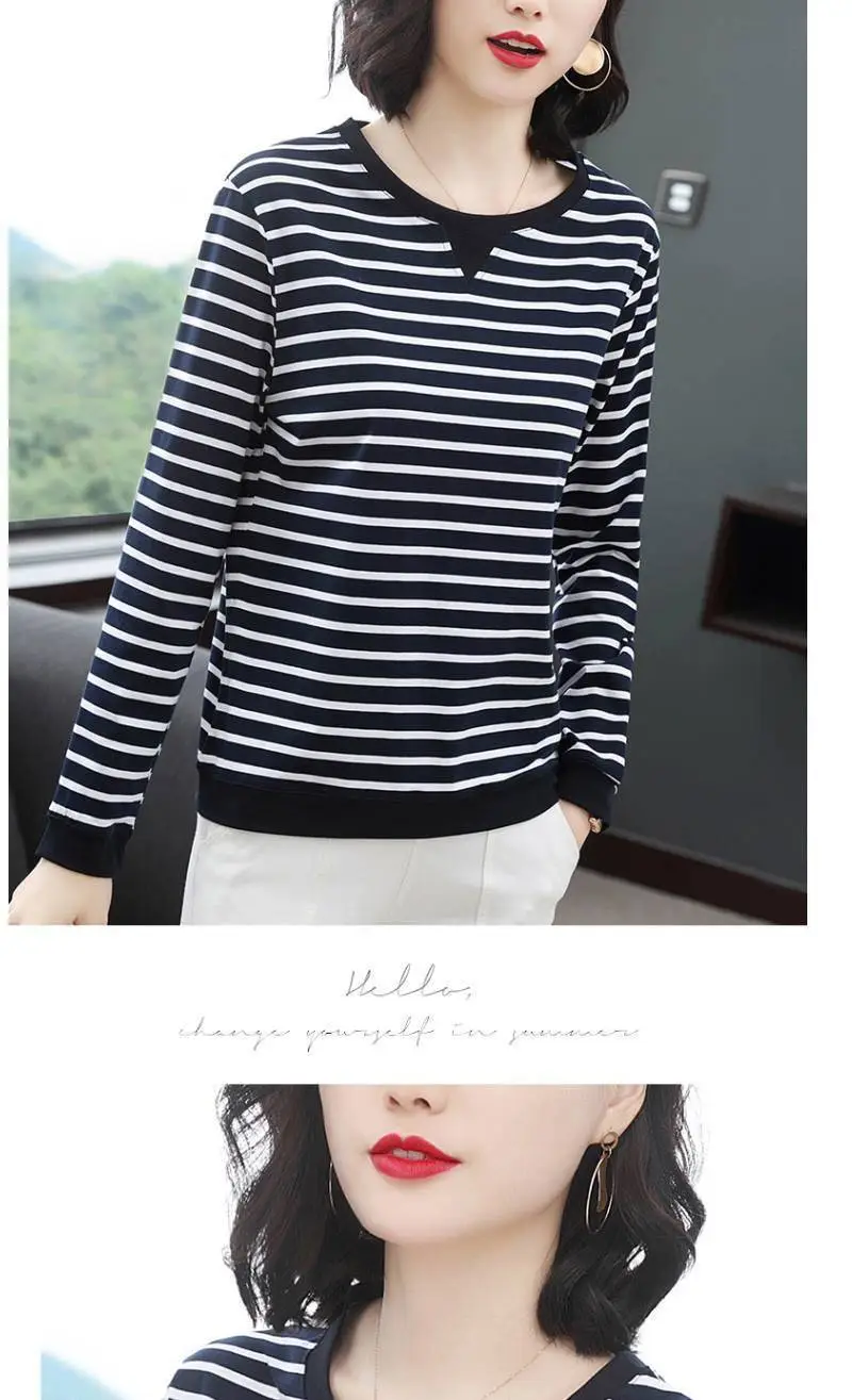 Women Long Sleeve Striped T-Shirt White Black Medium — feature 4
