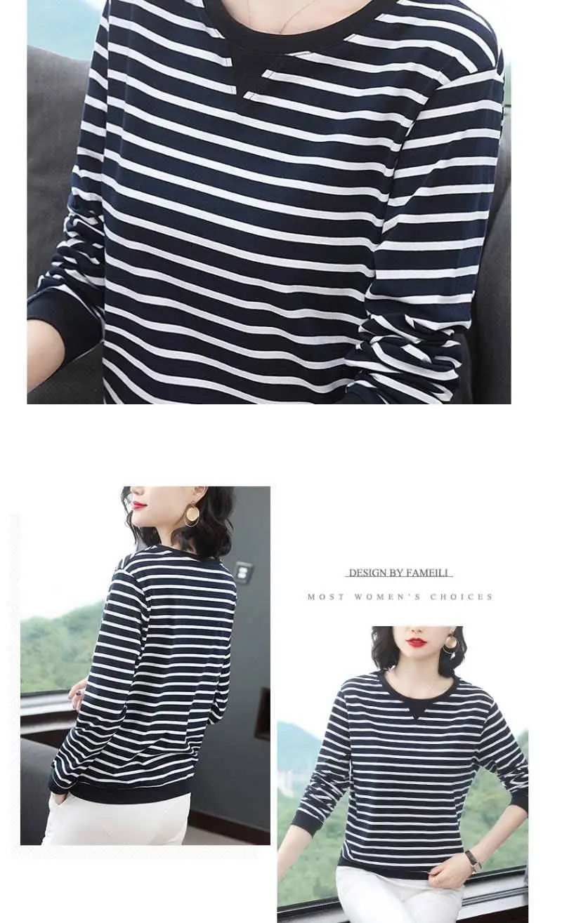Women Long Sleeve Striped T-Shirt White Black Medium — feature 5